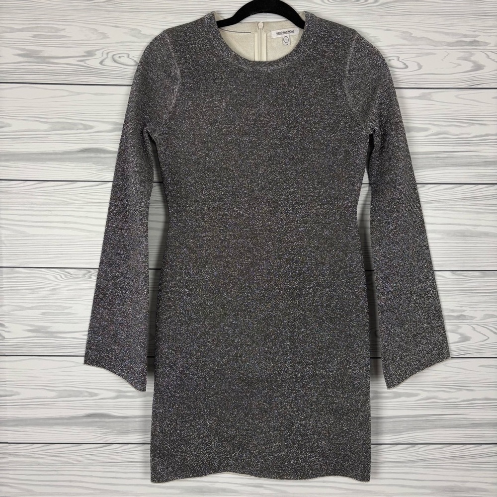 Good American Silver Sparkle Body Con Bell Sleeve Dress Size 1 (Small) - Picture 4 of 10
